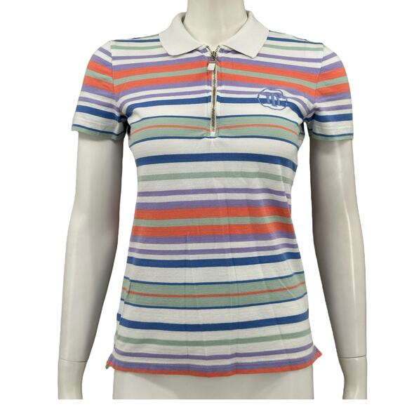 Tommy Hilfiger Tops - Tommy Hilfiger Top Womens XS White Stripe Polo 1/4 Zip Cotton Crest Logo Preppy